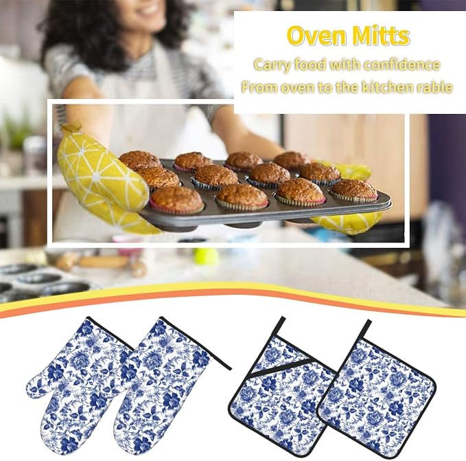 Blue and White Porcelain Floral Butterfly Oven Mitts and Pot Holders Set of 4 - Image 6