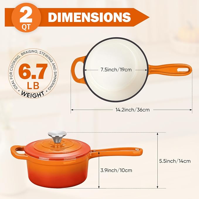 Homikit Small Cast Iron Pot, 2 QT Enameled Cast Iron Sauce Pan - Image 2