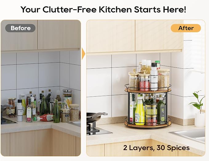 12.4" Lazy Susan Organizer 2 Tier, Rotating Spice Rack, Wooden Spinning Spice - Image 2