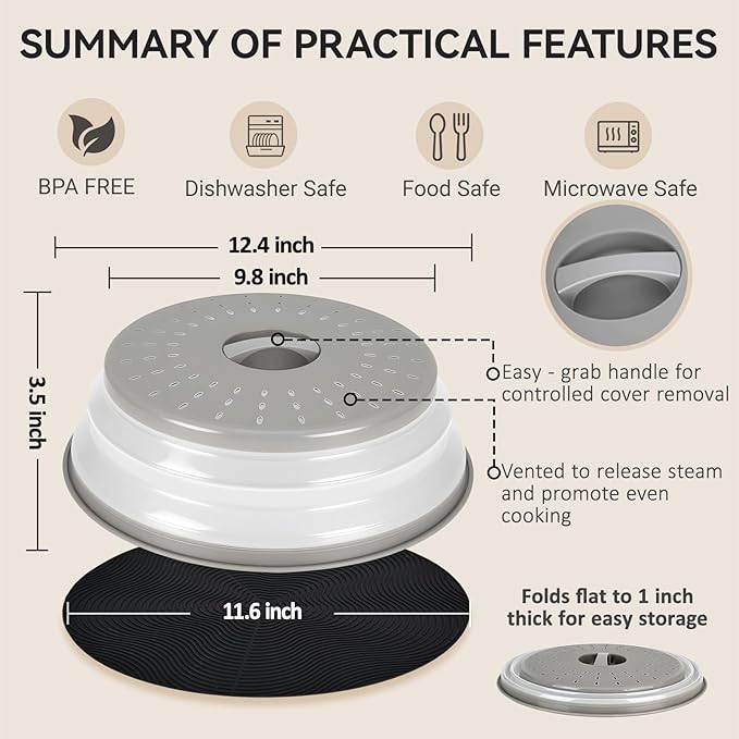 12" Microwave Splatter Cover & Mat, Large Vented Collapsible Splatter Guard - Image 2