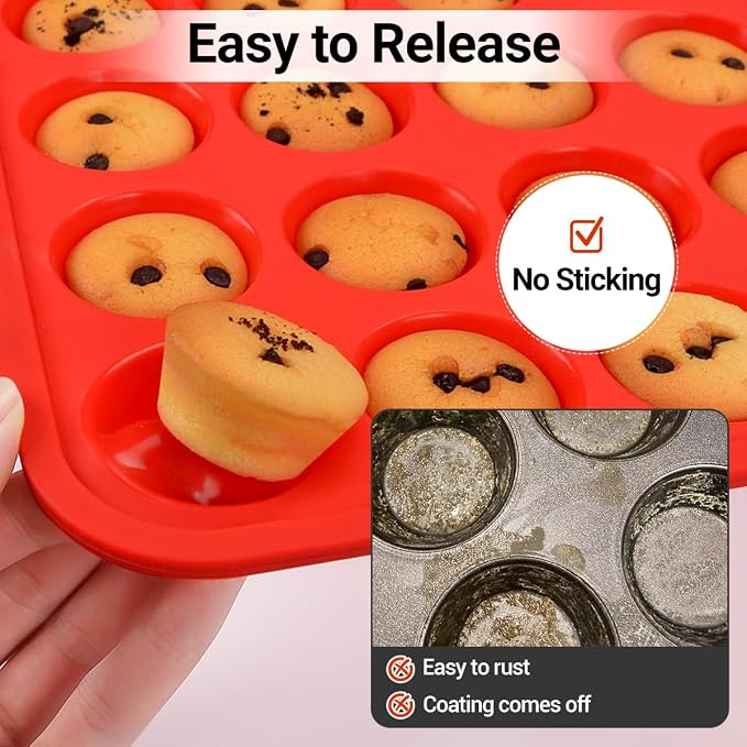 CAKETIME Silicone Mini Muffin Pan, Metal Reinforced Frame 24 Cups Mini Muffin - Image 5