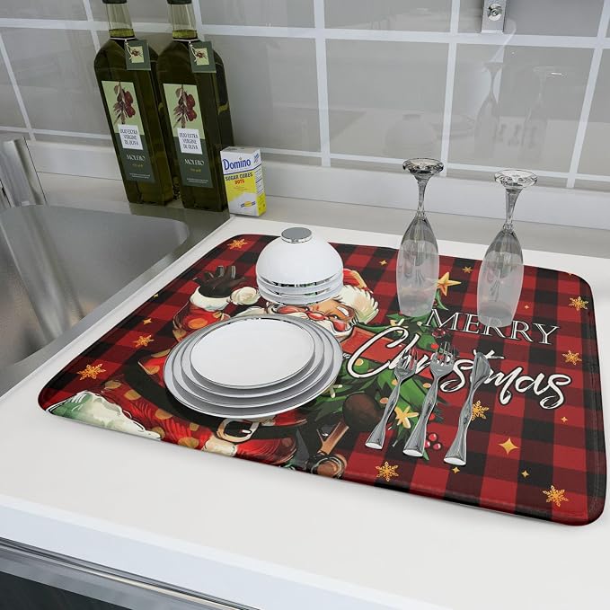 Merry Christmas Santa Claus Red Buffalo Plaid Dish Drying Mat - Image 6