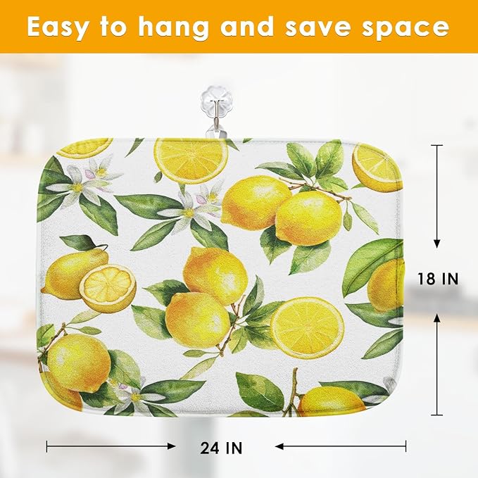 Sanwarm Absorbent Dish Drying Mat, Floral Lemon Fruits Vintage Microfiber Pad - Image 2
