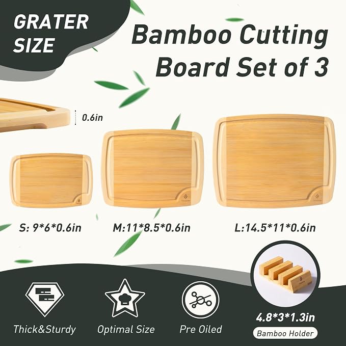 Bamboo Cutting Board Set Non Slip Feet - Image 2