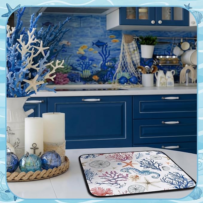 Breling Summer Dish Drying Mat Beach Kitchen Dry Mat 16 x 18 Inch Seahorse Blue - Image 7