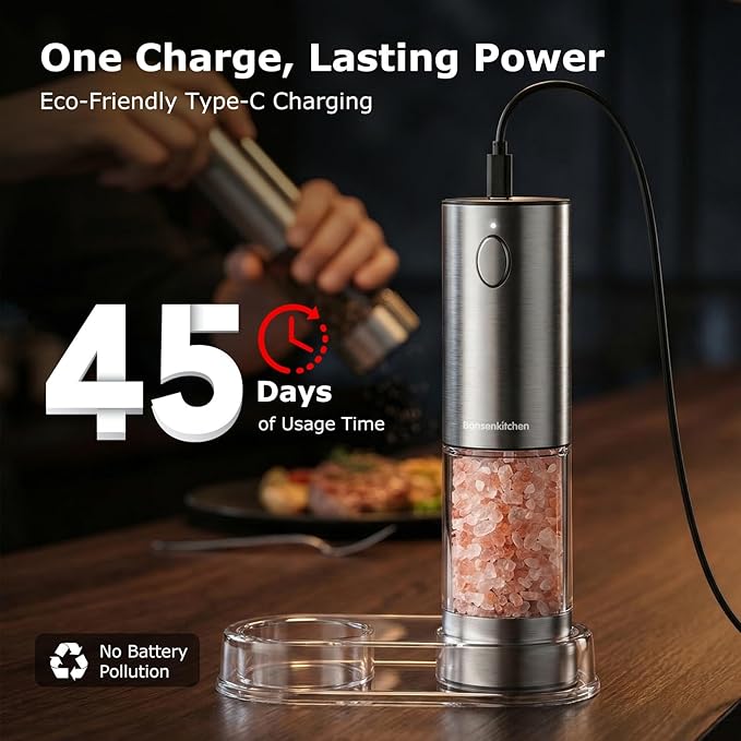 Bonsenkitchen Electric Salt and Pepper Grinder Set Rechargeable, 95ml Large - Image 4