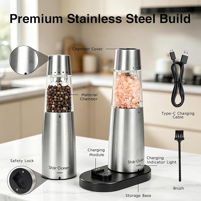 StarOcean Electric Salt and Pepper Grinder Set, Automatic Gravity Grinder - Image 7