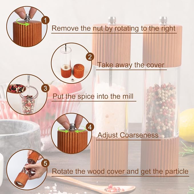 Acacia Wooden Salt and Pepper Grinder Set, 8 Inches Refillable Salt and Pepper - Image 5
