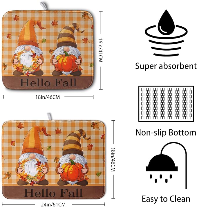 Hello Fall Autumn Gnomes Dish Drying Mat 18x24 Thanksgiving Pumpkin Maple - Image 2