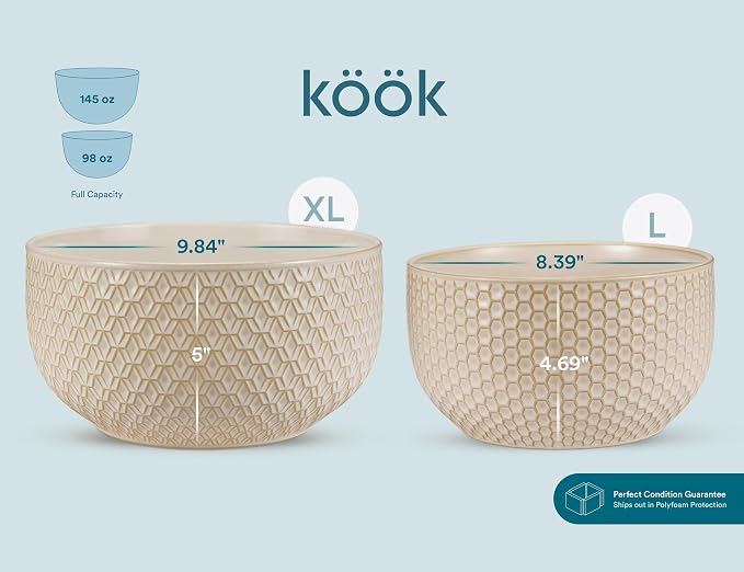 KooK Ceramic Mixing Bowls, Nesting Set of 4, Embossed Kitchen Dishware - Image 5