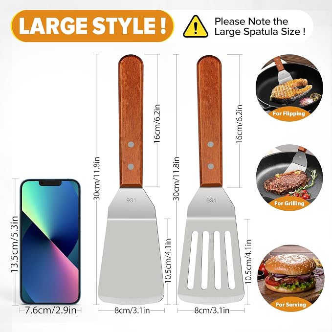 Metal Spatula Set for Kitchen Use, Wood Handle Wok Flat Top Grill Griddle - Image 3