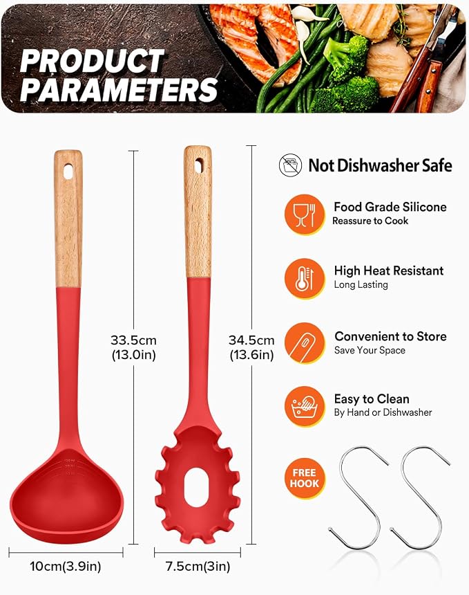 Pasta Fork and Ladle Set, and Sauce Pasta, BPA-Free Matte Silicone, Wood Handle - Image 2