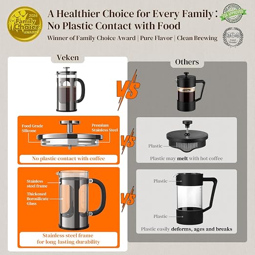 Veken French Press Coffee Maker 34oz, No Plastic Touching Cafe, Thickened Glass - Image 2