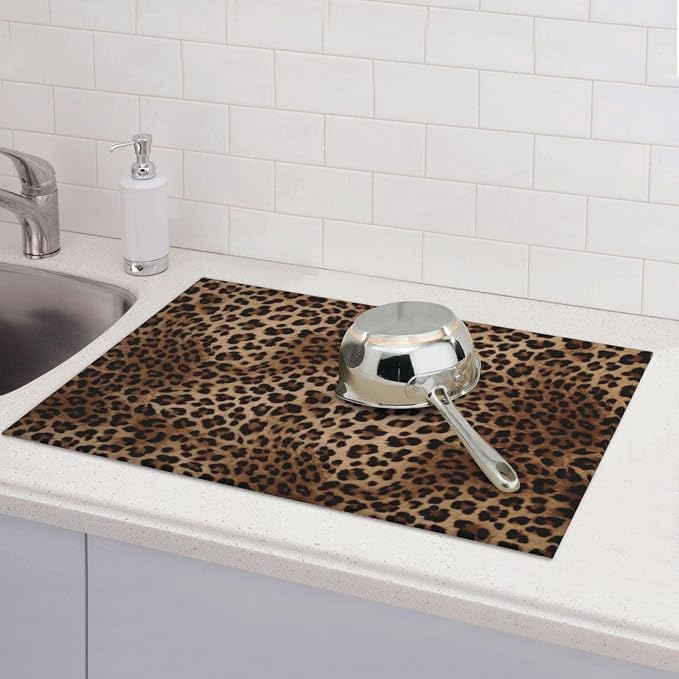 Brown Leopard Dish Drying Mat Black Cheetah Skin Wild Animal Print Drying Rack - Image 6