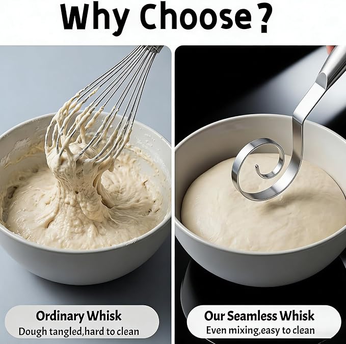 TEEVEA Seamless Danish Dough Whisk Stainless Steel Sourdough Bread Pizza Pastry - Image 3