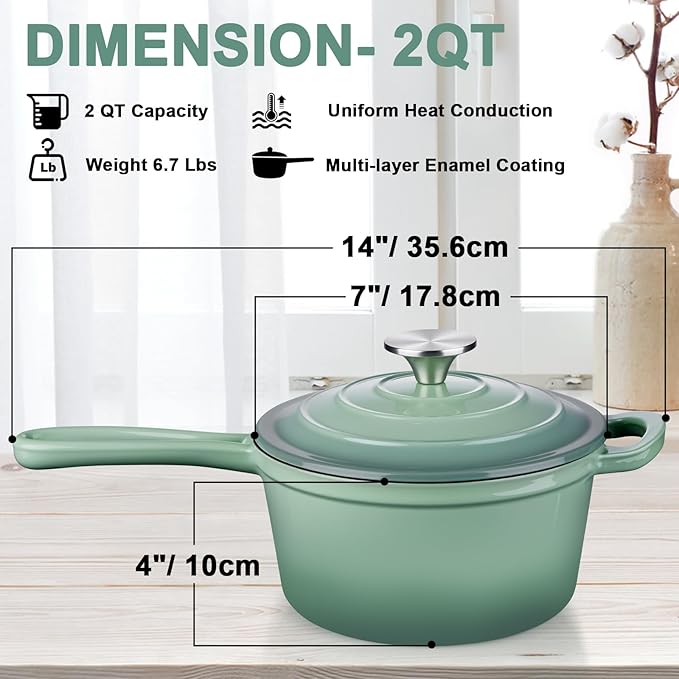 2 Quart Saucepan with Lid, Leonyo Enameled Cast Iron Sauce Pan, Enamel Dutch - Image 2