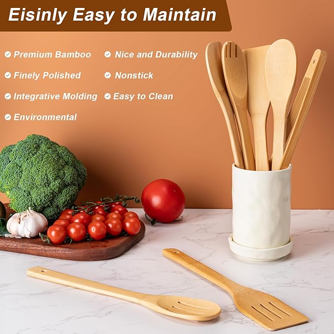 Eisinly Wooden Spoons for Cooking 7-Piece, Kitchen Nonstick Bamboo Cooking - Image 4