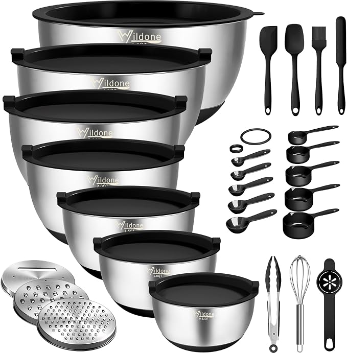Wildone Mixing Bowls with Airtight Lids, with 3 Grater Attachments, Scale Mark by Wildone