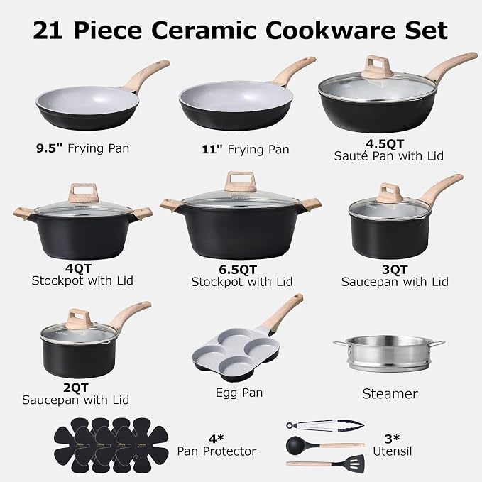CAROTE 21pcs Pots and Pans Set Nonstick, Cookware Set Black Induction Kitchen - Image 2