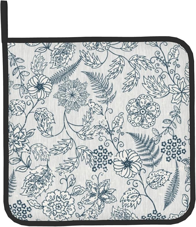 Blue Floral Oven Mitts Set – Vintage Pot Holders Kitchen Gloves - Image 9