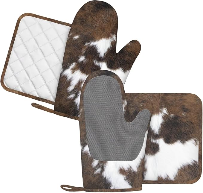 Cow Print Oven Mitts and Pot Holders Set of 4 Silicone Brown Cowhide Kitchen - Image 2