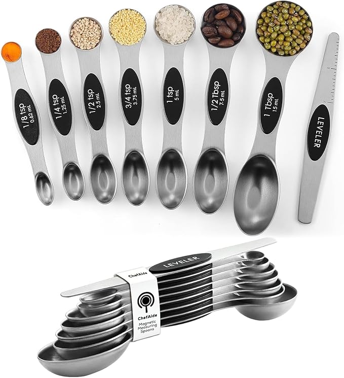 ChefAide Pack of 8 Stainless Steel Magnetic Measuring Spoons Set, Dual Sided by ChefAide