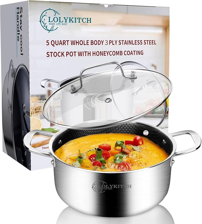 LOLYKITCH 5 QT Tri-Ply Hybrid Stainless Steel Non Stick Stock Pot by LolyKitch