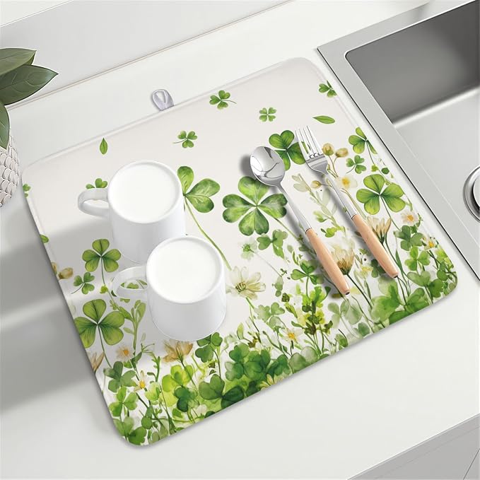 St Patrick's Day Dish Drying Mat 16 x 18 Inch Green Clover Dish Drainer Rack - Image 8