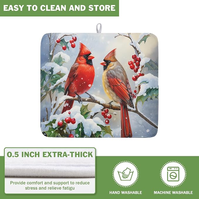 Winter Cardinal Birds Dish Drying Mat, Holly Berry Branches Dish Drying Mat - Image 5