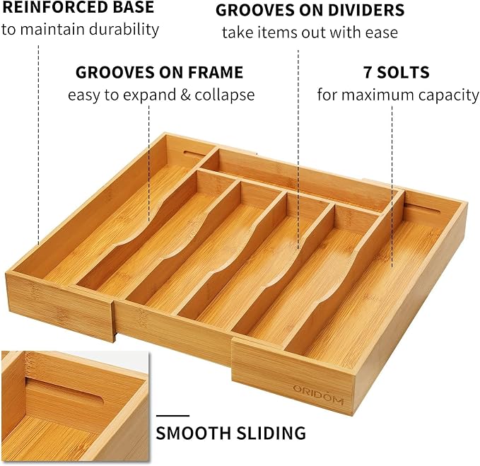 2-Piece Bamboo Silverware Organizer, Expandable Kitchen Drawer Organizer - Image 3