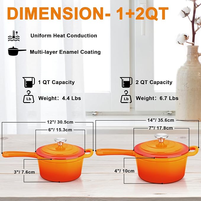 Enameled Cast Iron Sauce Pan, Leonyo 1 Qt & 2 Qt Saucepan Set, Cast Iron Dutch - Image 2