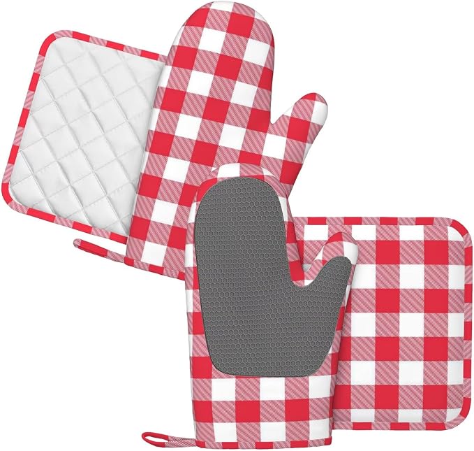 Red and White Checkered Oven Mitts and Pot Holders Set - Image 2
