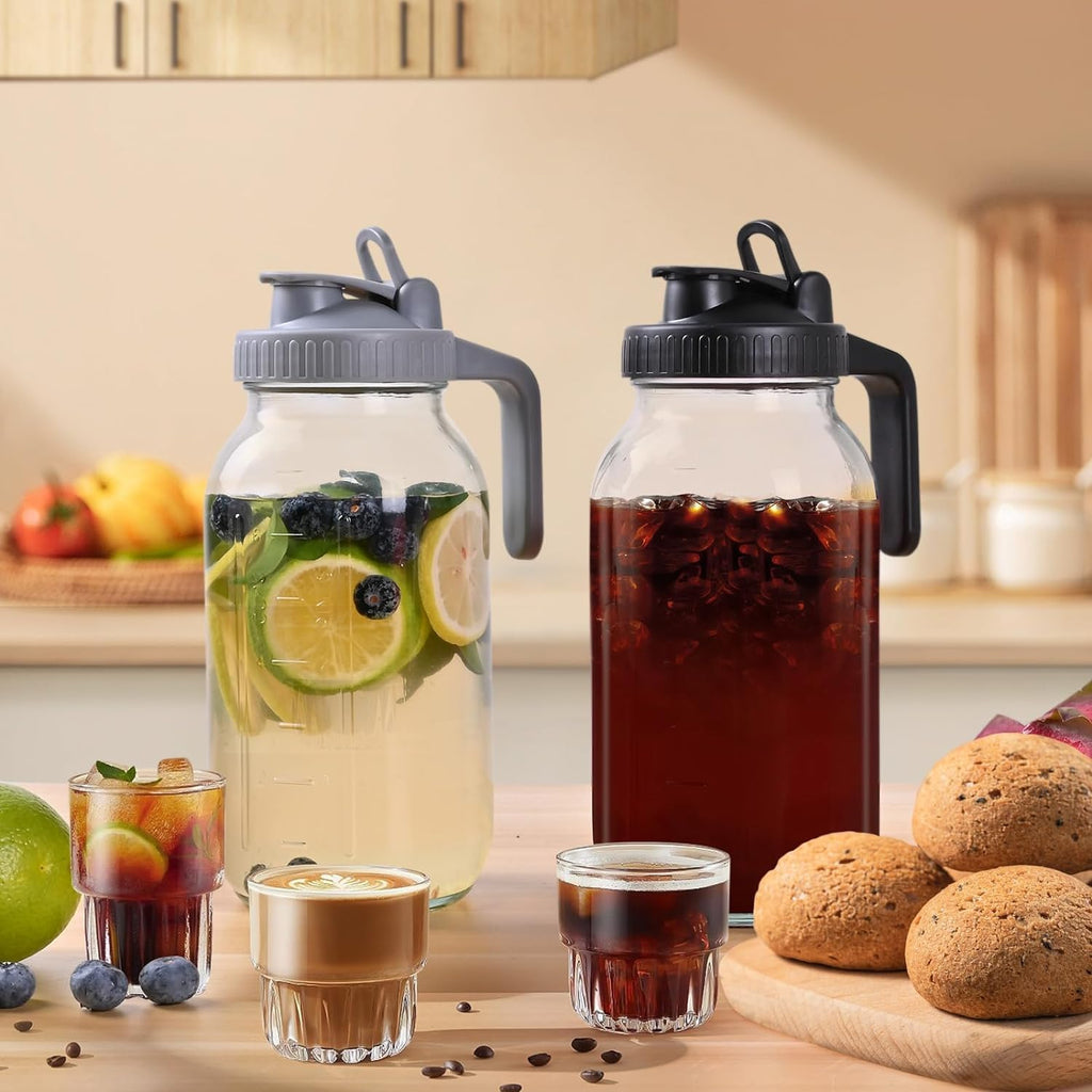 64OZ Glass Pitchers with Lid, Wide Mouth Water Jugs, Leak-Proof