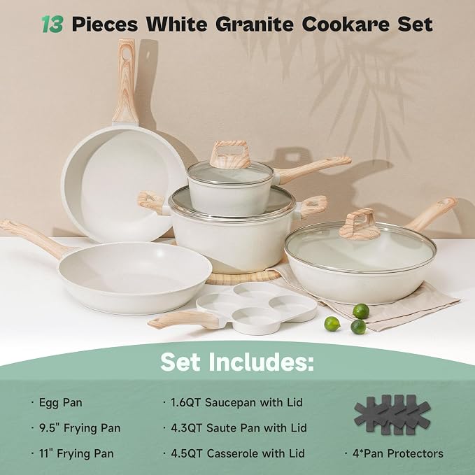 13 Pcs Pots and Pans Set, Nonstick Cookware Sets White Granite Induction - Image 2