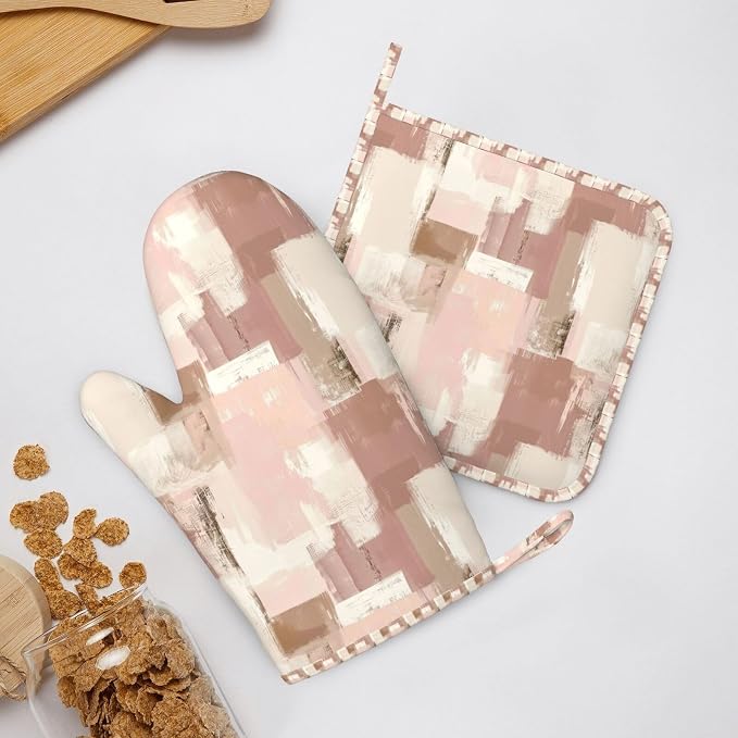 Oven Mitts and Pot Holders Set, Modern Art Dusty Pink Abstract Silicone Kitchen - Image 6