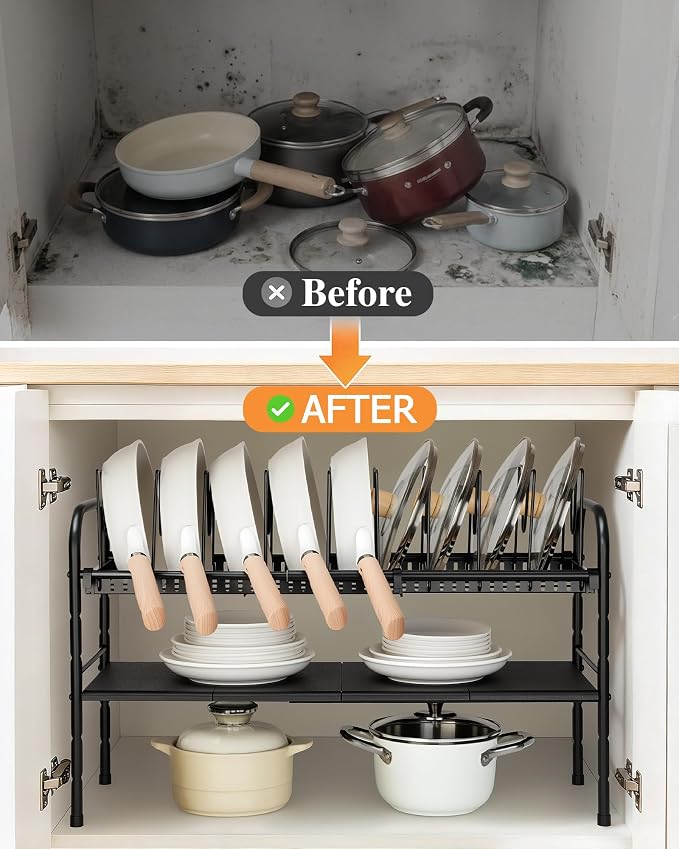 HULISEN Pots and Pans Organizer Under Cabinet, Expandable 2-Tier Pots and Pans - Image 3