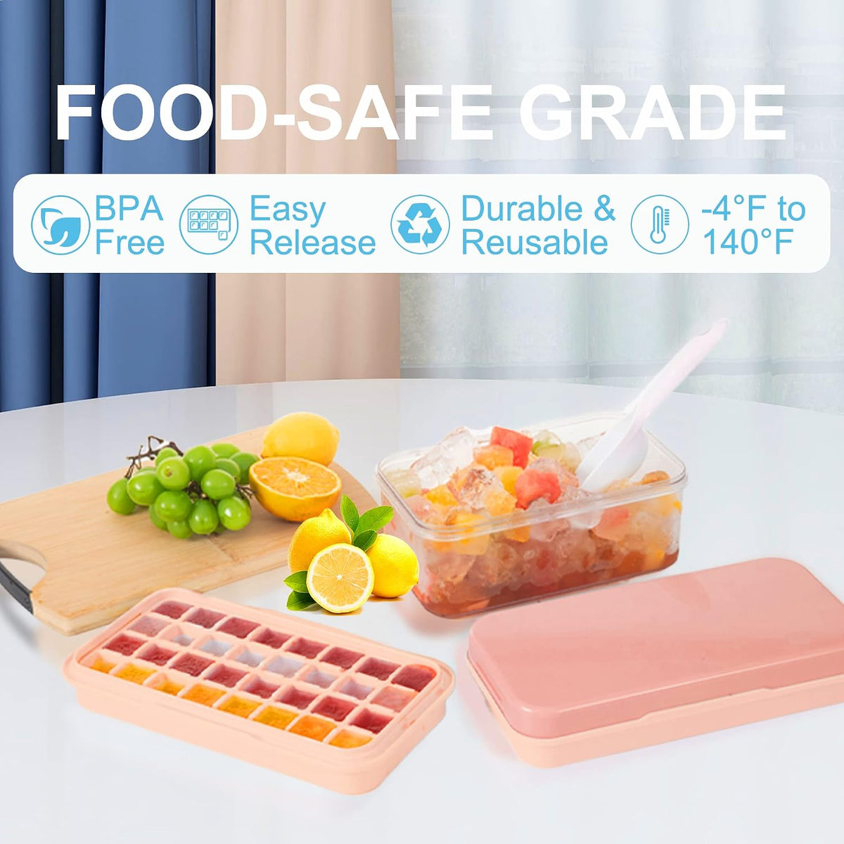 Ice Cube Tray with Lid and Bin, 64 pcs Ice Tray Kit with Ice Scoop