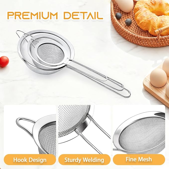 3Pcs Fine Mesh Strainer with Handle, Small Medium Large Size Sieve Strainers Set - Image 5
