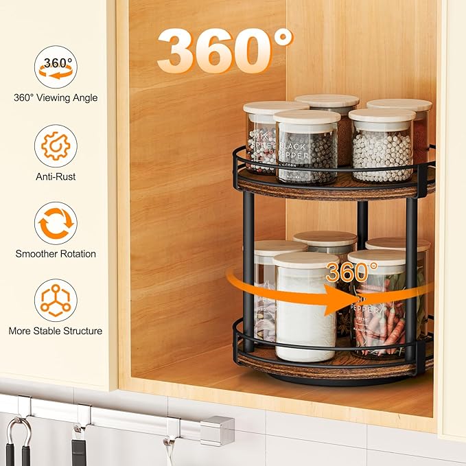 Snughome Rotating Spice Rack, 2 Tier Lazy Susan Organizer, Wood Kitchen - Image 4