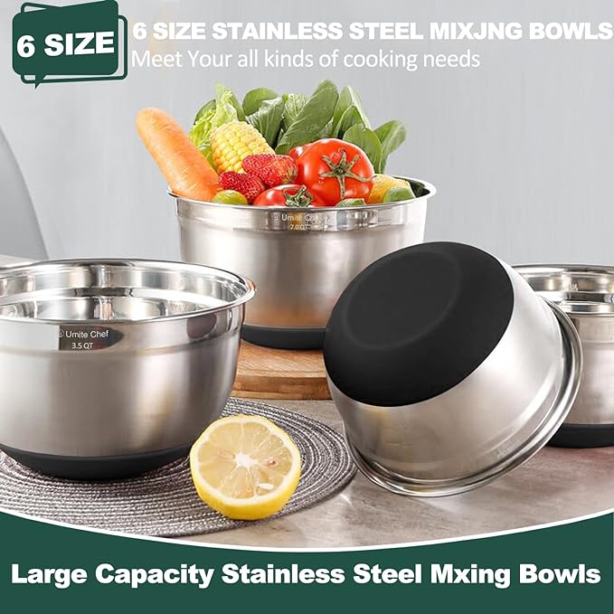 Umite Chef Mixing Bowls with Airtight Lids，6 piece Stainless Steel Metal - Image 4