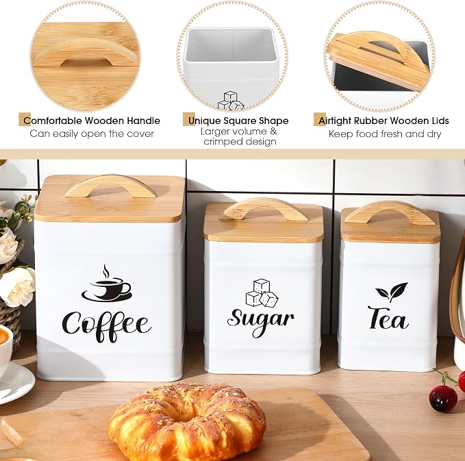 Maxdot 3 Set Coffee Sugar Tea Containers, Square Airtight Kitchen Canisters - Image 3