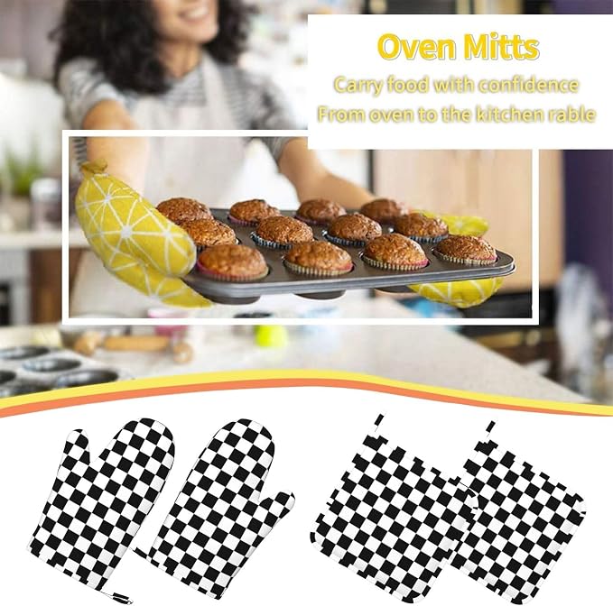 Black White Checkered Oven Mitts and Pot Holders Sets of 4, Heat Resistant - Image 7