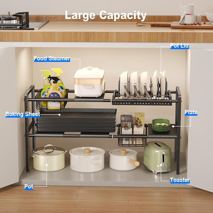 Mustorn Pots and Pans Organizer Under Cabinet, Expandable 2 Tier Under Sink - Image 3
