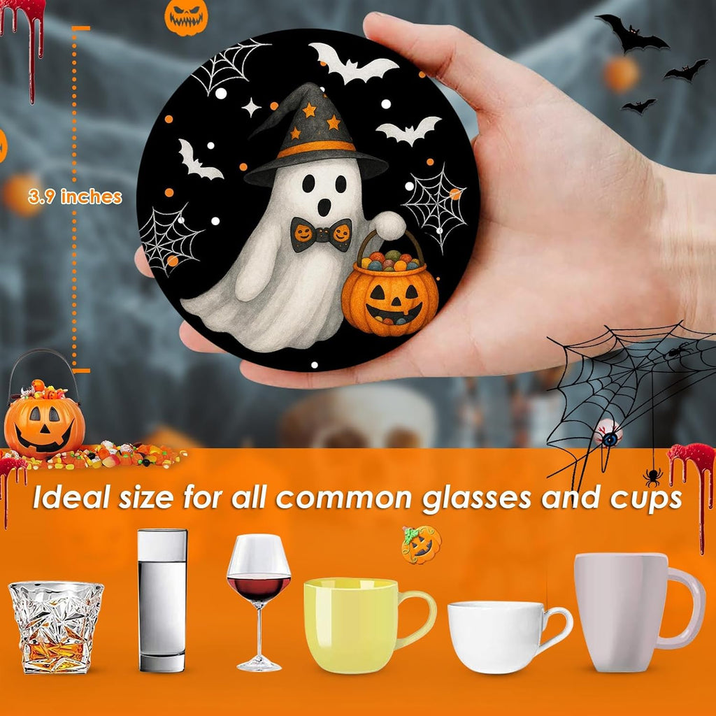 Halloween Coasters for Drinks, Set of 6, Pumpkin Ceramic Stone
