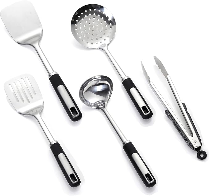 Cooking Utensil Set, Stainless Steel Kitchen Tools Include Solid & Slotted by JULIPRO