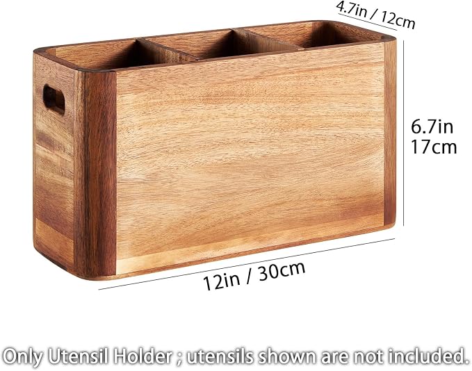 12" Wooden Kitchen Utensil Holder, Extra Large Acacia Wood Organizer - Image 2