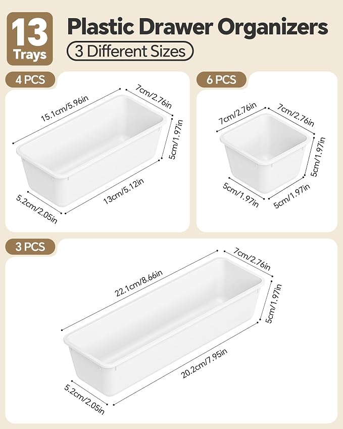 Canfanni 13 Pack Plastic Drawer Organizers Set, 3 Sizes Desk Drawer Organizer - Image 2