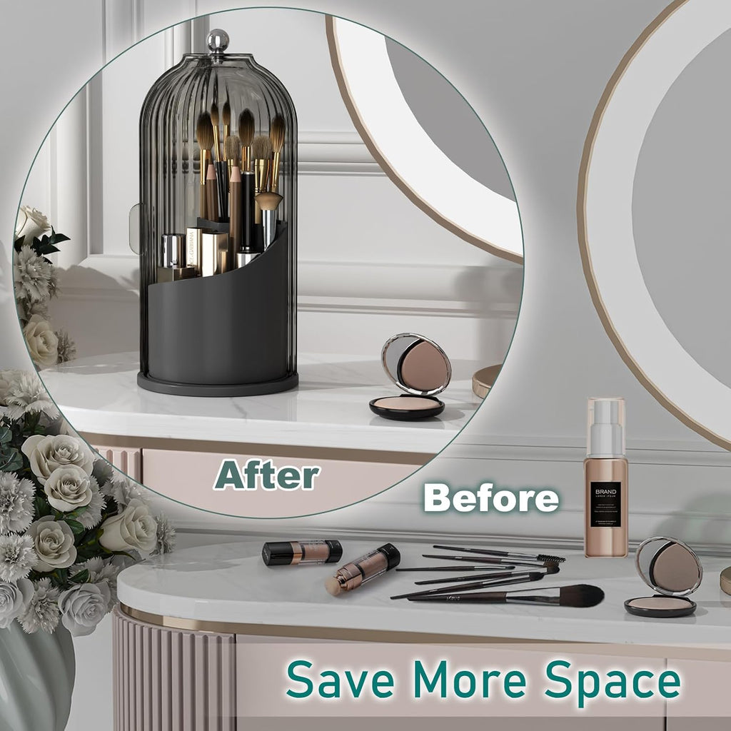 Makeup Brush Holder with Lid Rotating Cosmetic Organizer, Black-Grey