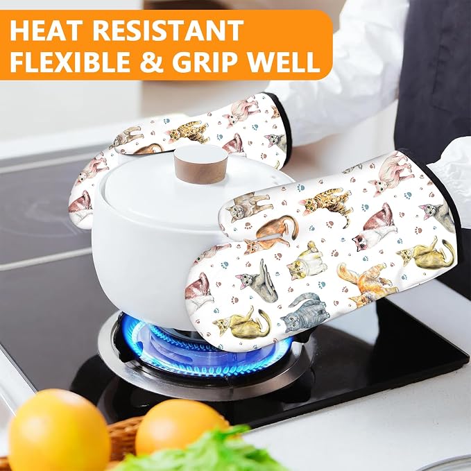 Cute Cats Oven Mitts and Pot Holders Sets 4Pcs, Extra Long Oven Gloves Potholder - Image 6