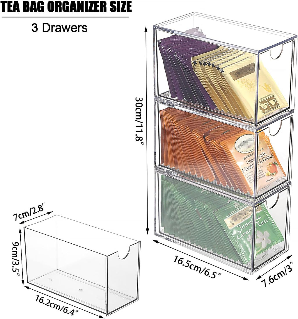 ELLDOO 3 Drawers Tea Bag Organizer, Clear Acrylic Stackable Tea Bag